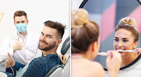 Collage Of Photos Of A Man At The Dentist And Woman Brushing Her Teeth