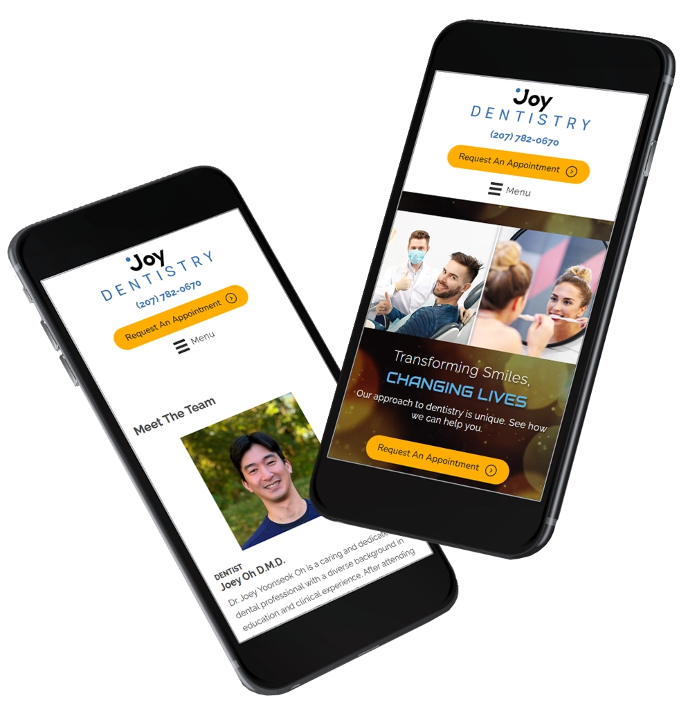 Collage Of Screenshots Of Dentist Joey Oh's Bio And Homepage Of Joy Dentistry's Website